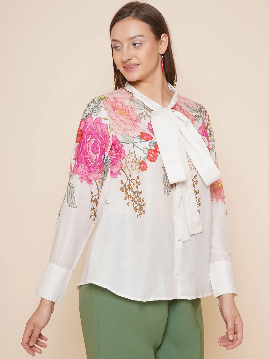Beige & Pink Printed Shirt Style Top