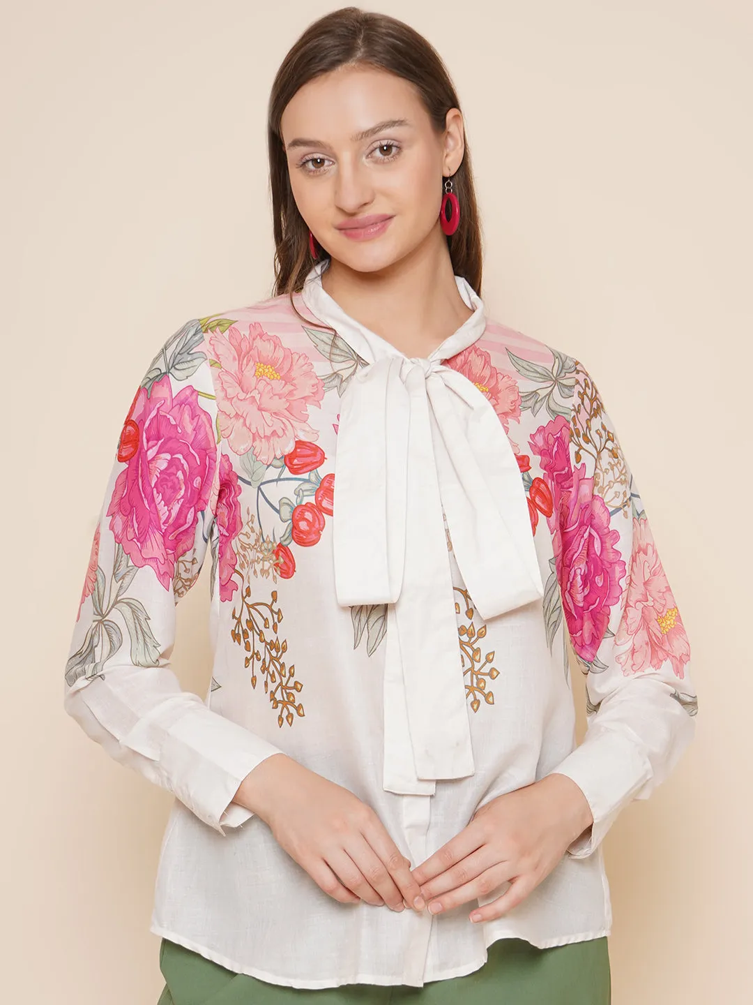 Beige & Pink Printed Shirt Style Top