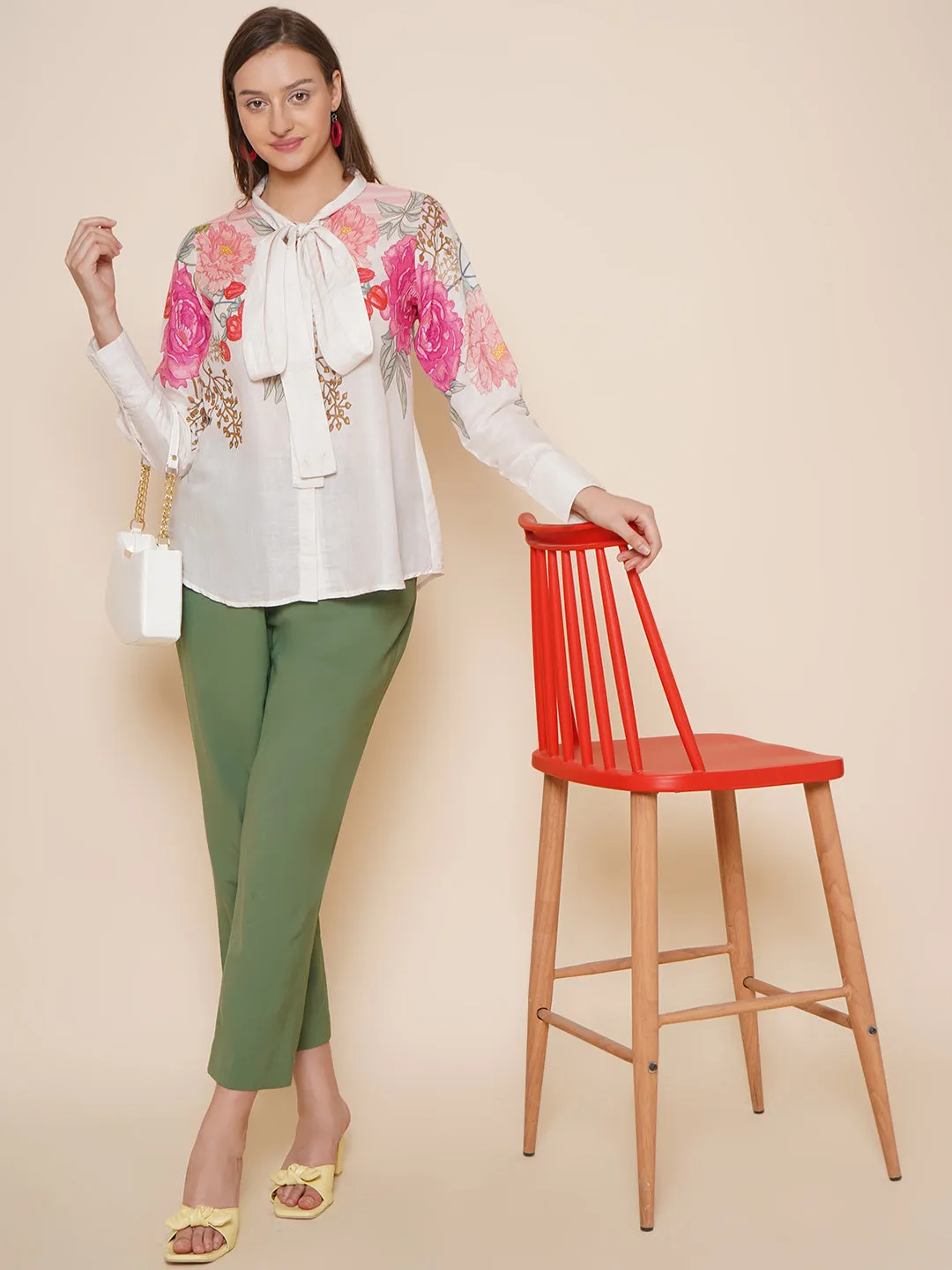 Beige & Pink Printed Shirt Style Top