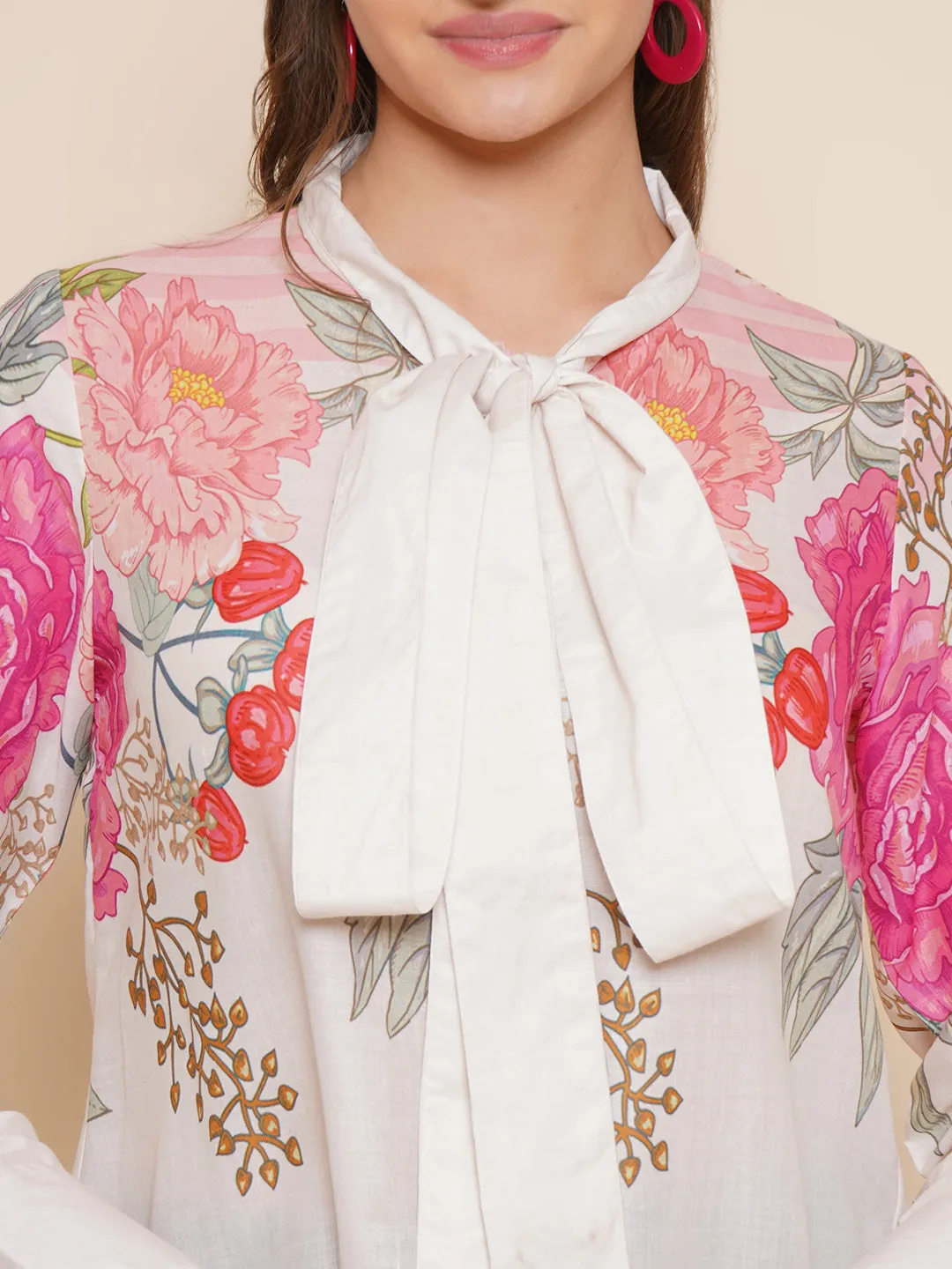 Beige & Pink Printed Shirt Style Top