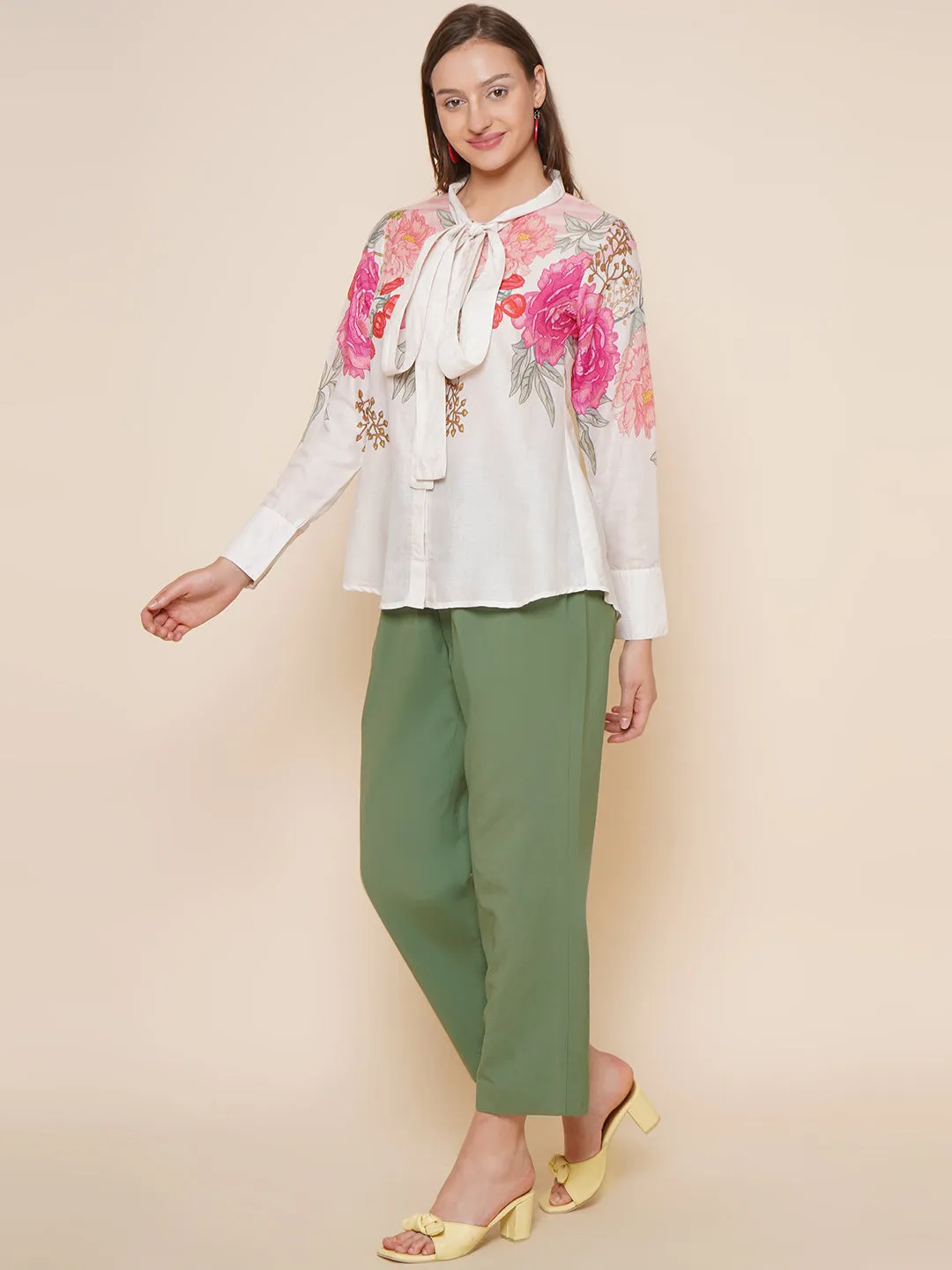 Beige & Pink Printed Shirt Style Top