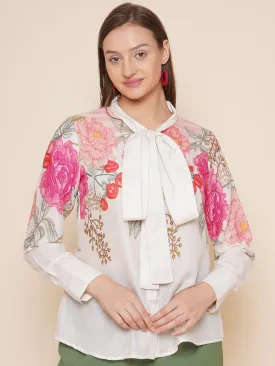 Beige & Pink Printed Shirt Style Top