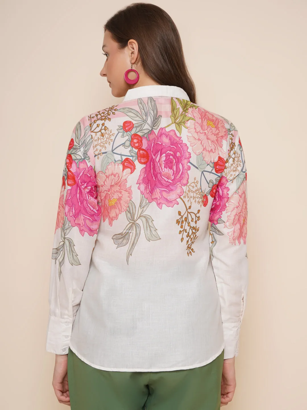 Beige & Pink Printed Shirt Style Top