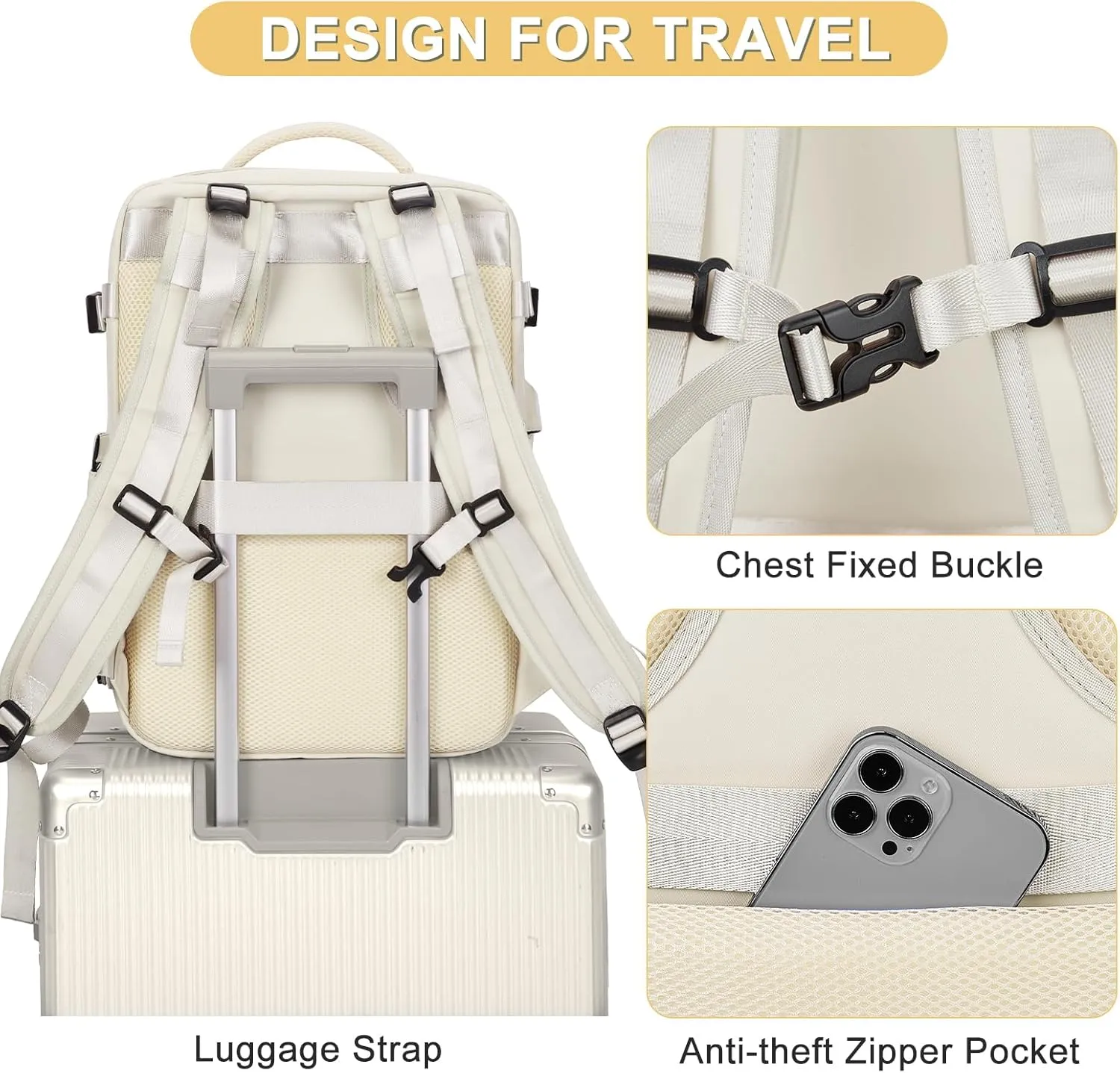 Beige Large Travel Backpack For Women Men Airline Approved Personal Item Backpack For Airlines Carry On Backpack Flight Approved Waterproof Backpack For Traveling On Airplane Weekender Travel Bag