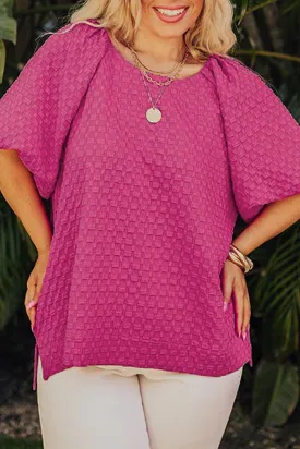 Coral Paradise Solid Textured Bubble Sleeve Plus Size Blouse