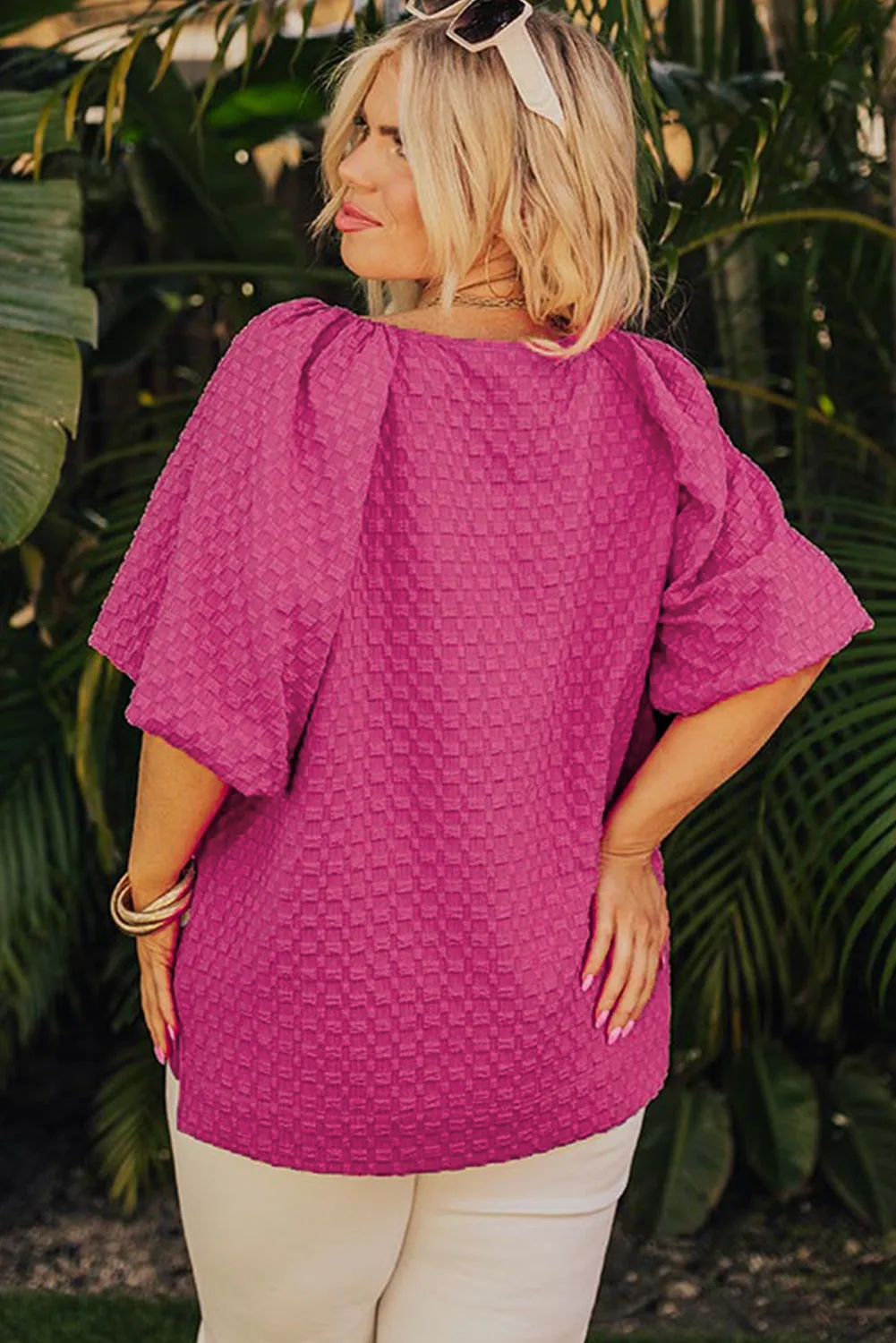 Coral Paradise Solid Textured Bubble Sleeve Plus Size Blouse