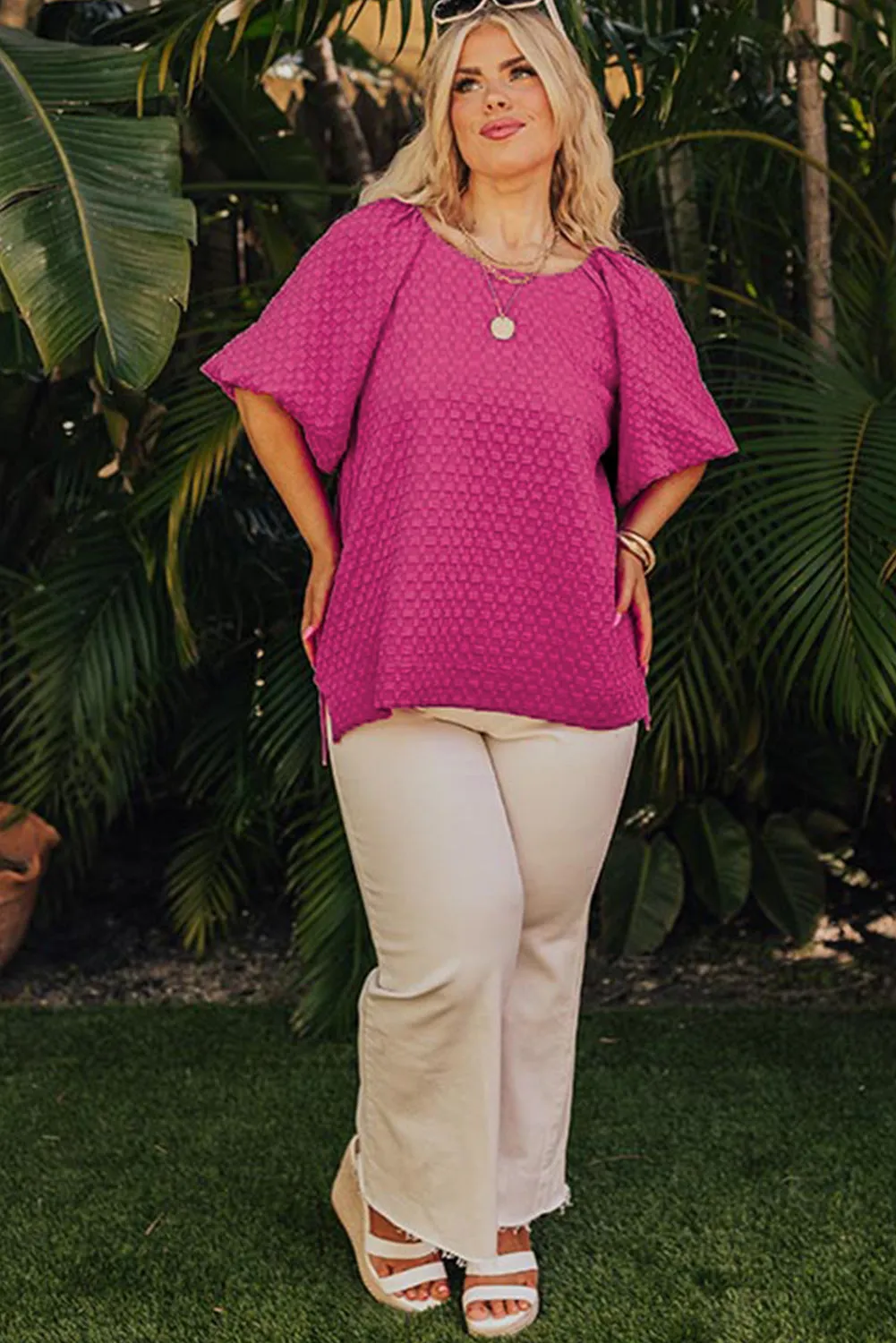 Coral Paradise Solid Textured Bubble Sleeve Plus Size Blouse