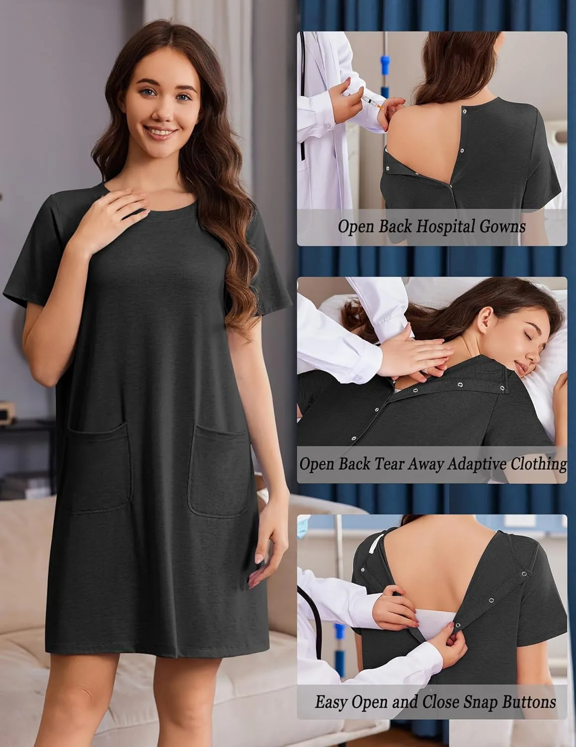 Deyeek Hospital Gowns for Women Open Back Tear Away Snap Nursing Dress Short Sleeve Soft Adaptive Clothing With Pockets