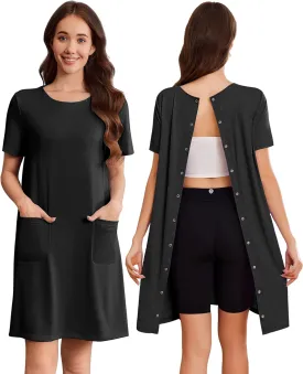 Deyeek Hospital Gowns for Women Open Back Tear Away Snap Nursing Dress Short Sleeve Soft Adaptive Clothing With Pockets