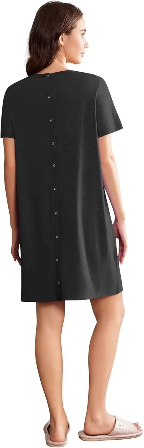 Deyeek Hospital Gowns for Women Open Back Tear Away Snap Nursing Dress Short Sleeve Soft Adaptive Clothing With Pockets