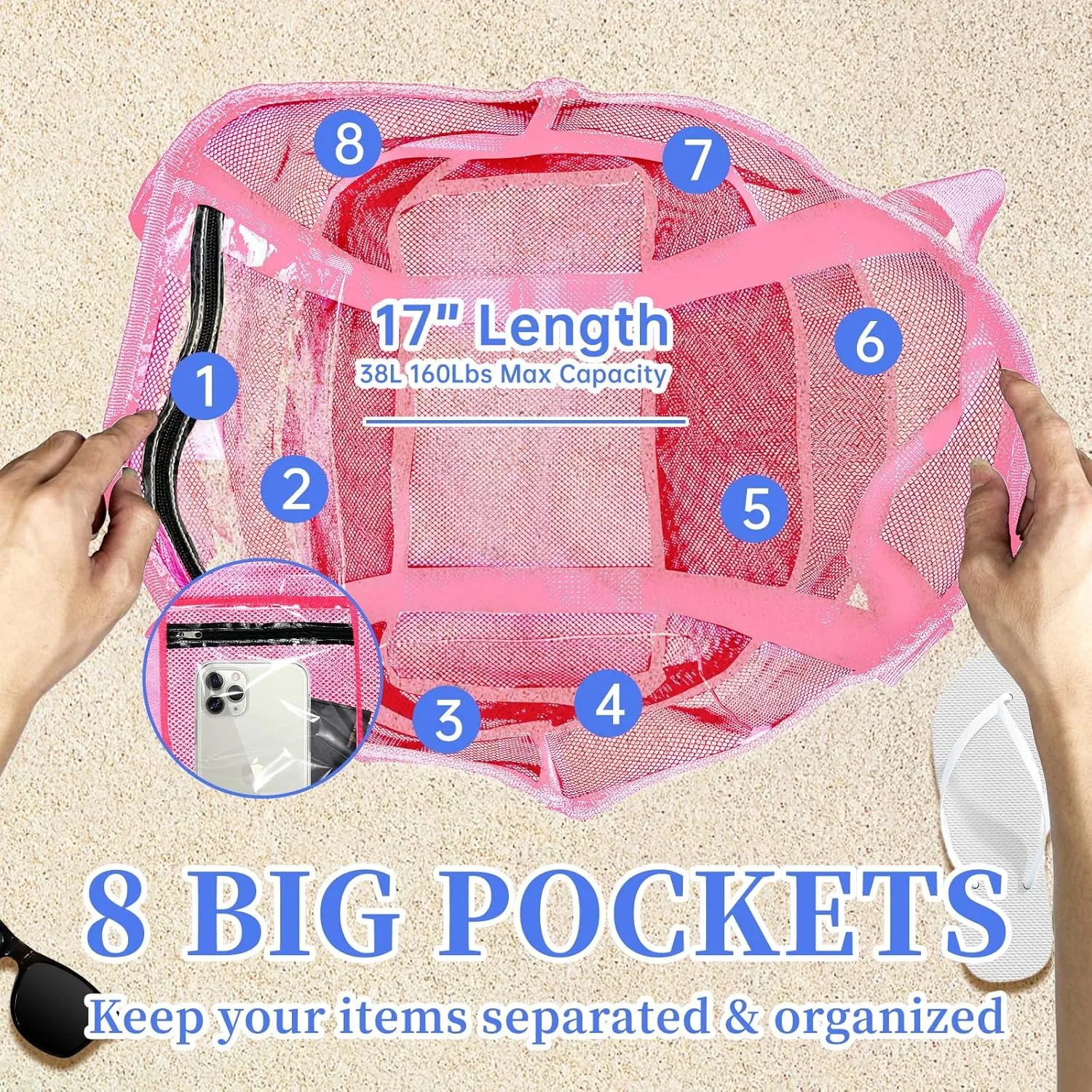 Large Mesh Beach Bag - Lightweight & Foldable Family Beach Bag with 9 Pockets for Toys, Towels & Vacation Essentials