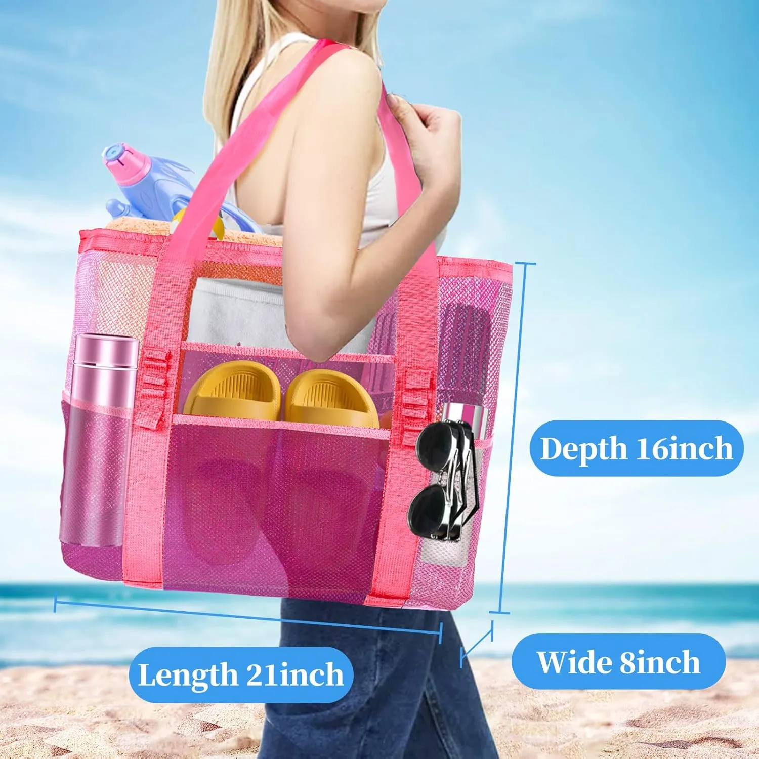 Large Mesh Beach Bag - Lightweight & Foldable Family Beach Bag with 9 Pockets for Toys, Towels & Vacation Essentials
