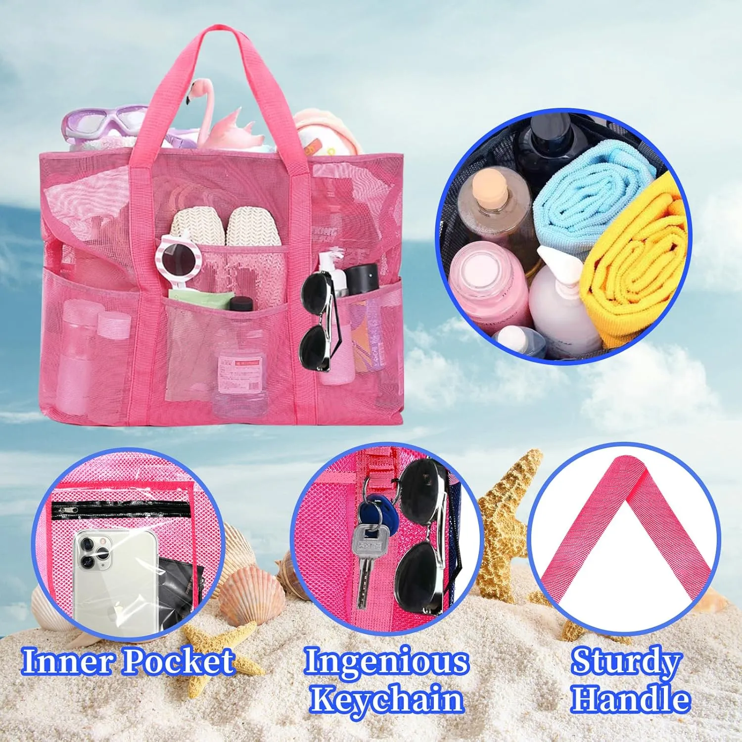 Large Mesh Beach Bag - Lightweight & Foldable Family Beach Bag with 9 Pockets for Toys, Towels & Vacation Essentials