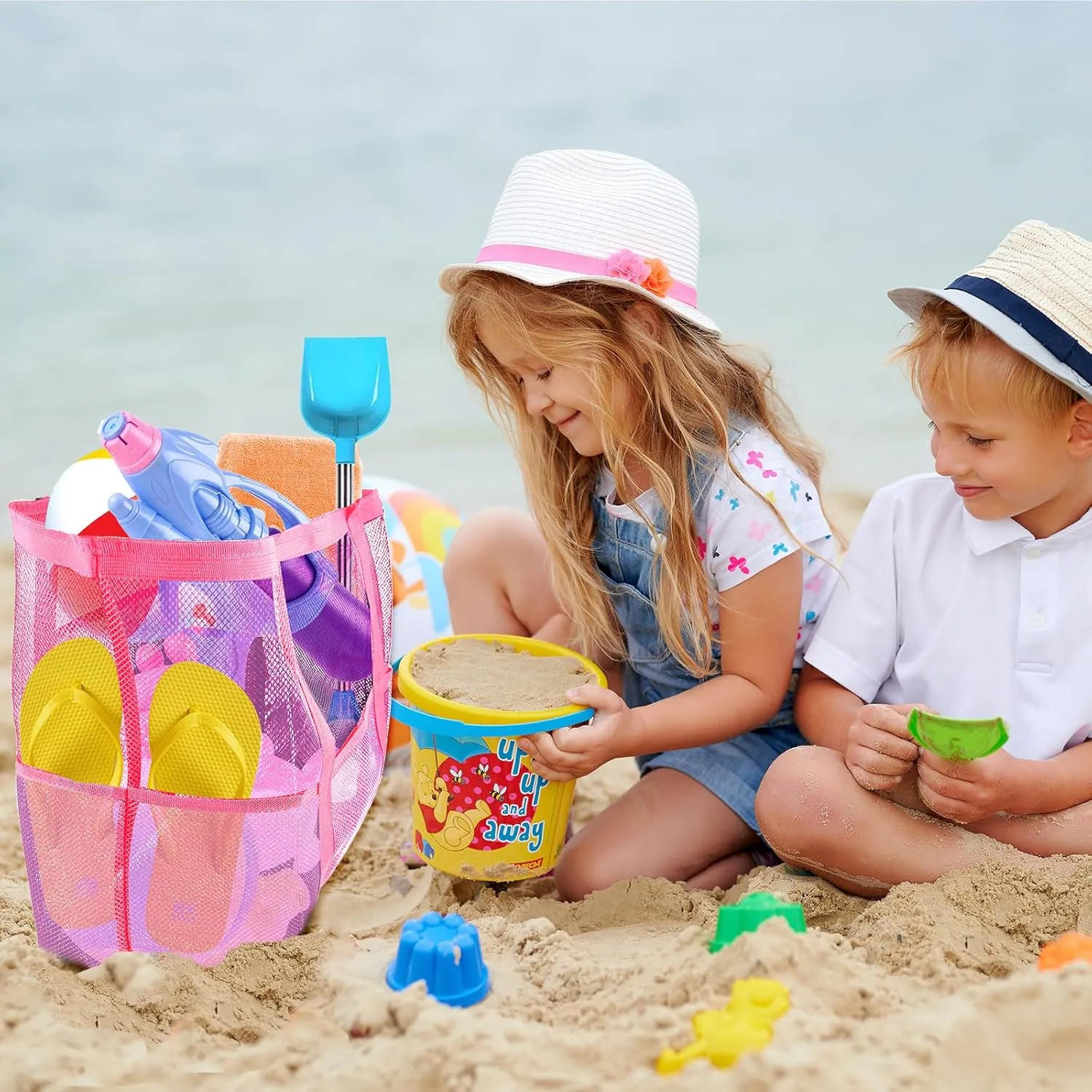 Large Mesh Beach Bag - Lightweight & Foldable Family Beach Bag with 9 Pockets for Toys, Towels & Vacation Essentials