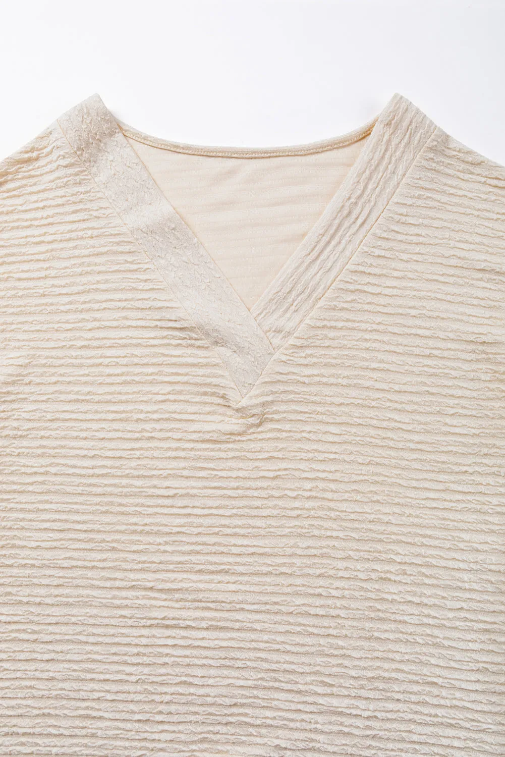 Pale Khaki Solid Color V-Neck Textured T Shirt