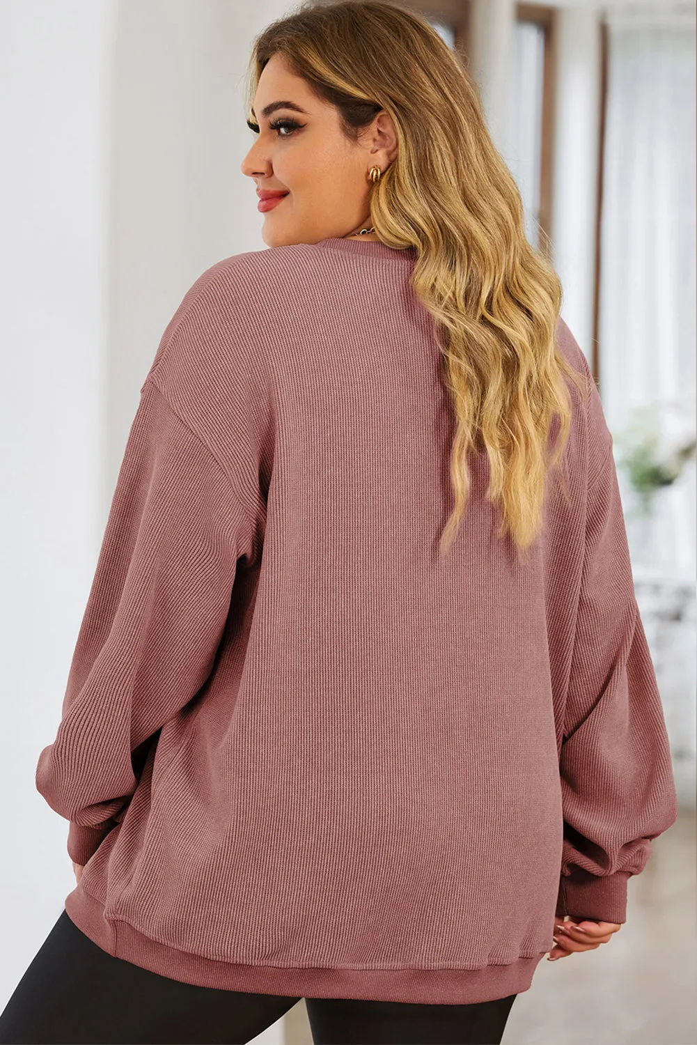 Pink Christmas Pattern Corded Plus Size Graphic Sweatshirt