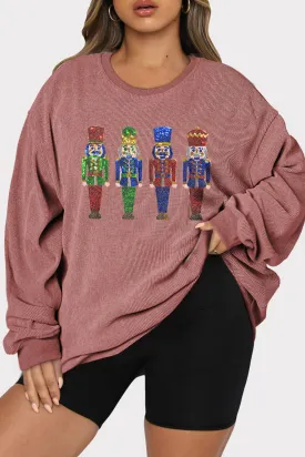 Pink Christmas Pattern Corded Plus Size Graphic Sweatshirt