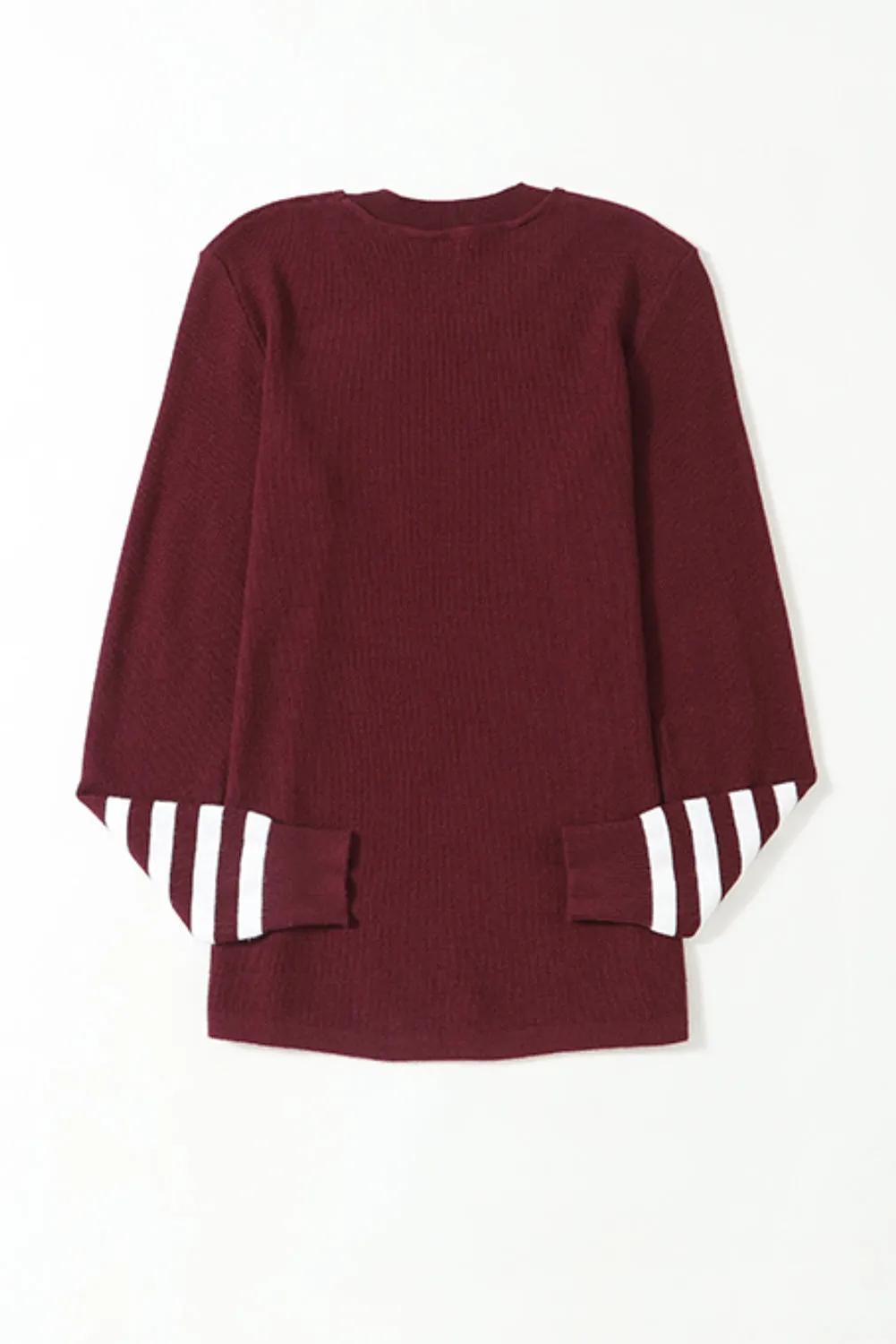 Red Casual Crew Neck Striped Sleeve Knit Sweater