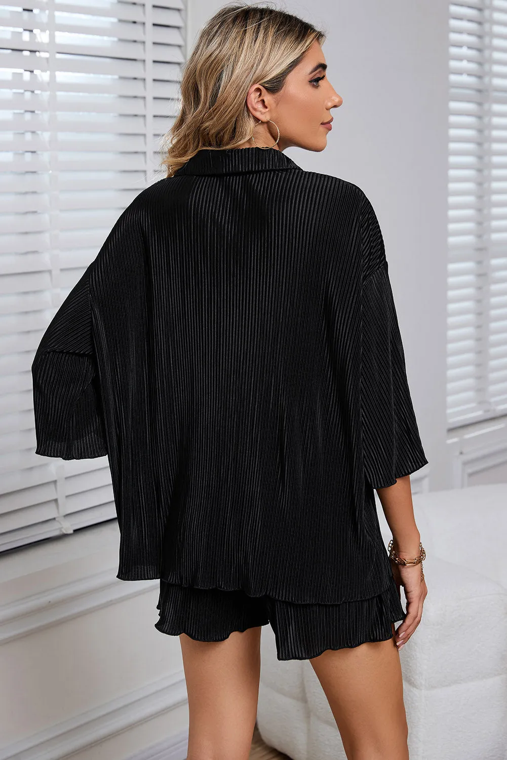 Rose Pleated Button Up Shirt and High Waisted Shorts Loungewear Set