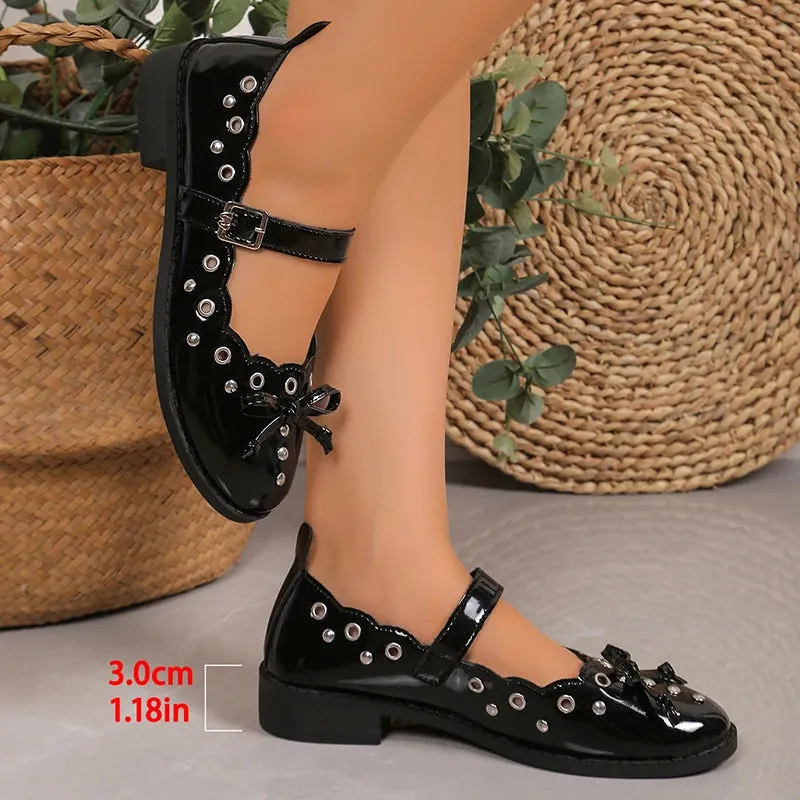 Sohiwoo Retro Patent Leather Bowknot Mary Jane Shoes Women Ankle Buckle Low Heels Lolita Shoes Woman Black Block Heel Single Shoes