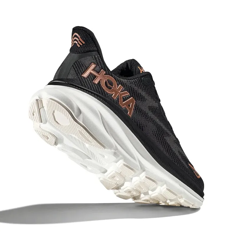 Hoka One One Womens Clifton 9 Running Shoes in Elegant Black/Rose Gold Color