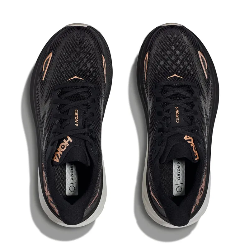 Hoka One One Womens Clifton 9 Running Shoes in Elegant Black/Rose Gold Color