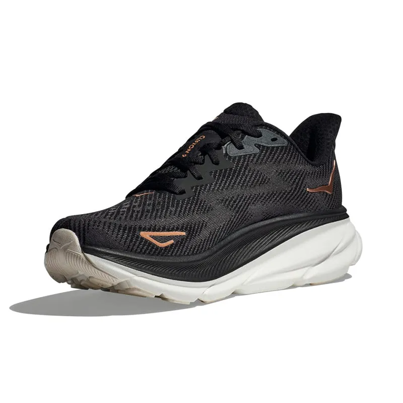 Hoka One One Womens Clifton 9 Running Shoes in Elegant Black/Rose Gold Color